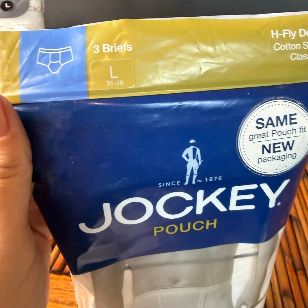 2012 Jockey Pouch Briefs Mens Large White Cotton Stretch‎ H-Fly 3-Pack New